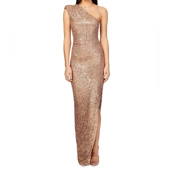 NWT Nookie Veda Embellished Sequin One Shoulder Gown Caramel - Picture 1 of 8